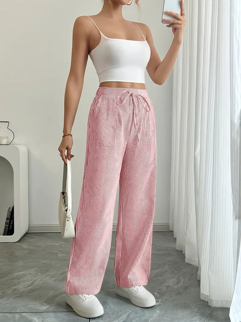 Pink striped wide-leg pants for women, a vibrant summer style with an adjustable waist.