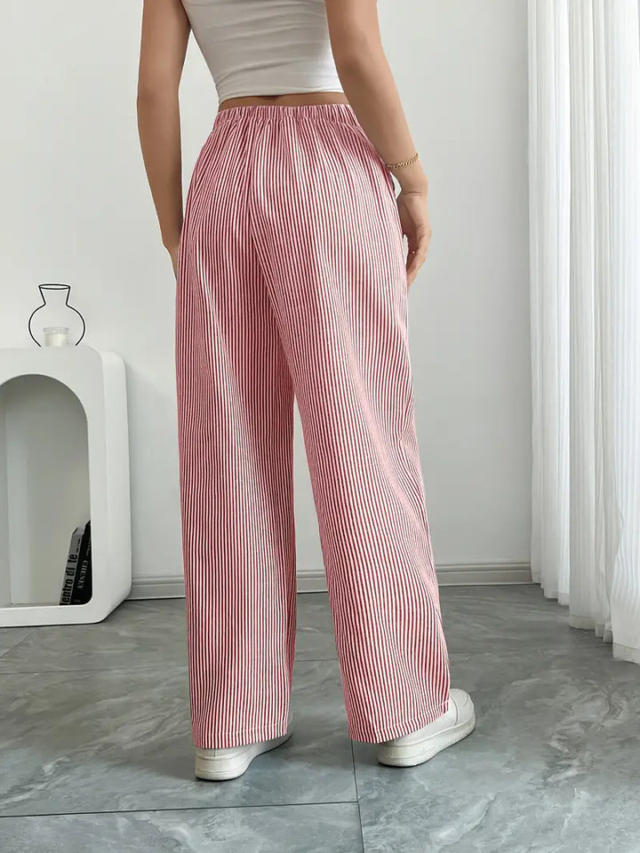 Blue striped wide-leg pants, women's elegant and comfortable for spring fashion.