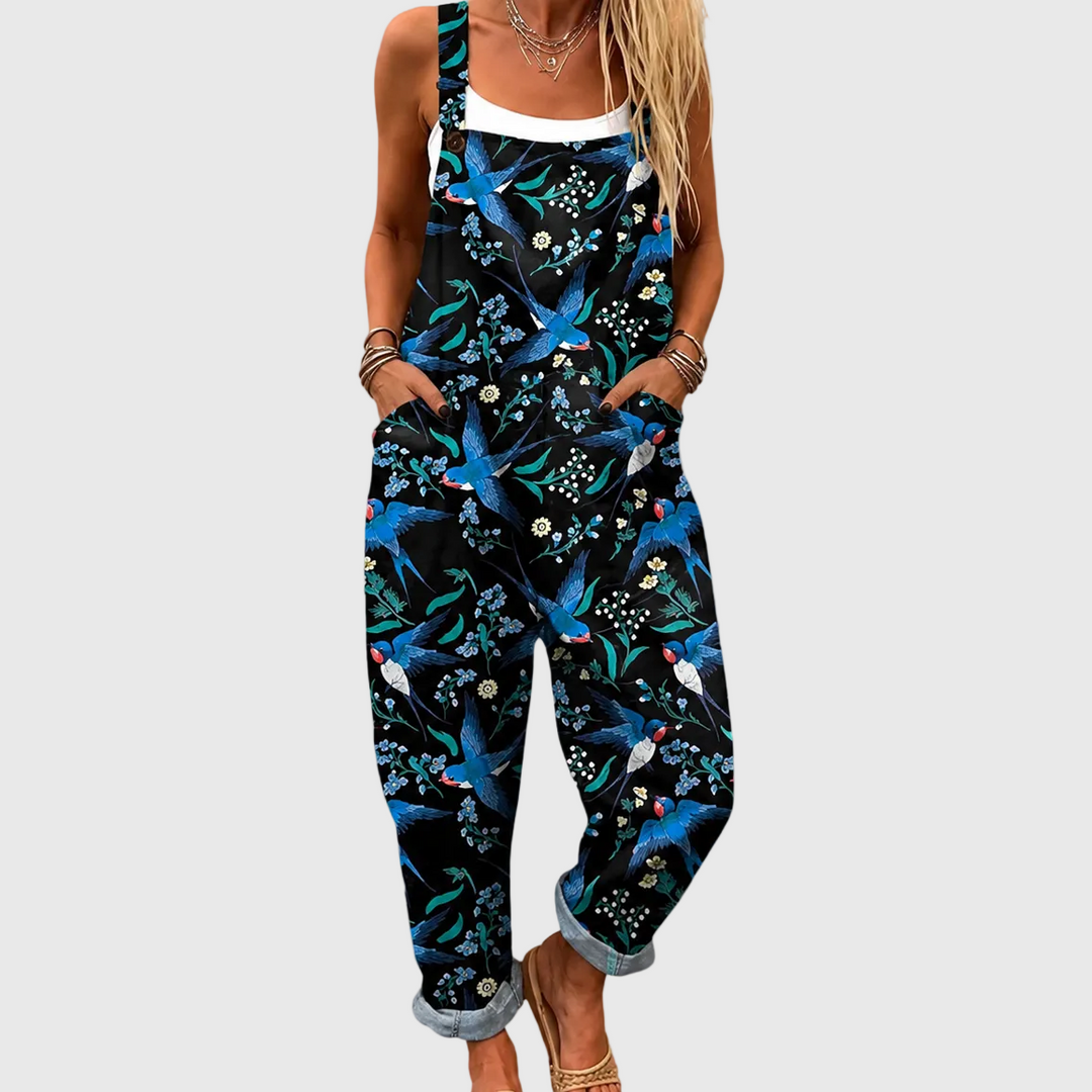 Women's elegant swallow & floral print casual overalls, relaxed fit. Perfect for comfortable, unique summer fashion.