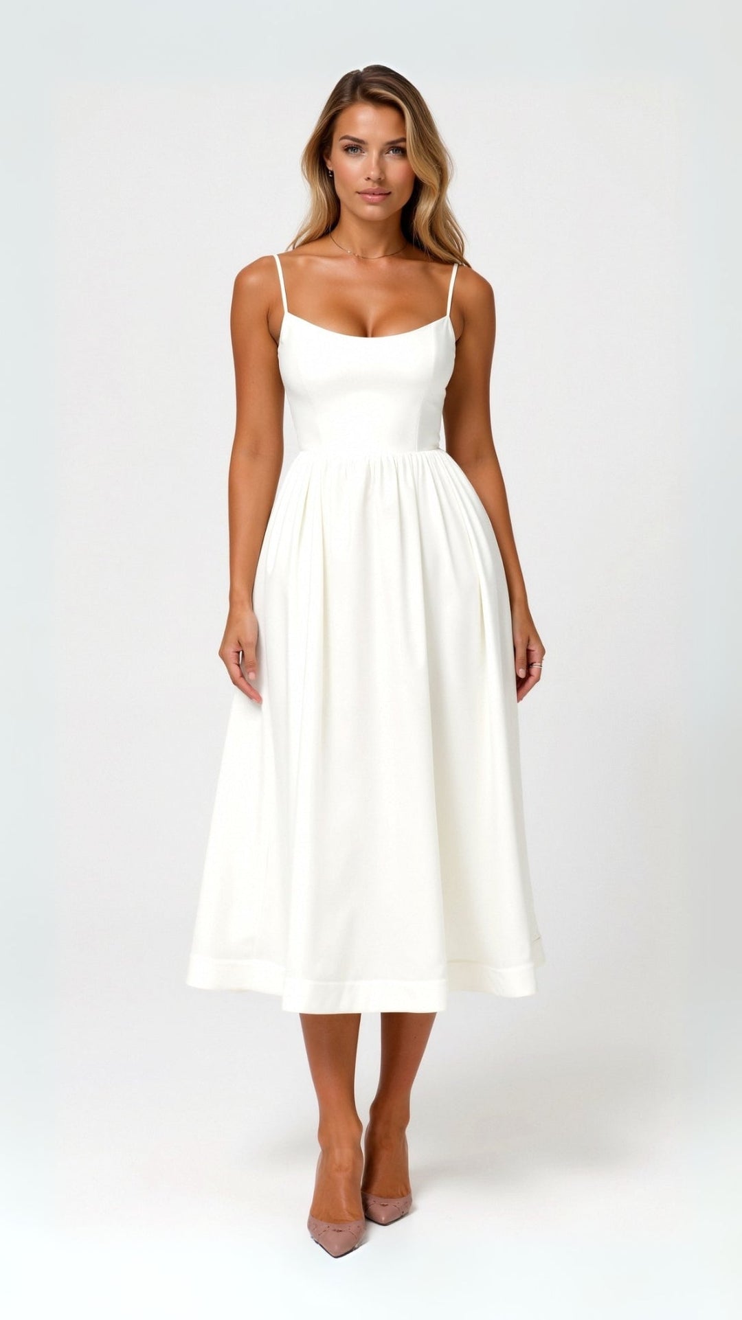Women's elegant sweetheart neck midi dress with thin straps, perfect for summer parties & cocktails.