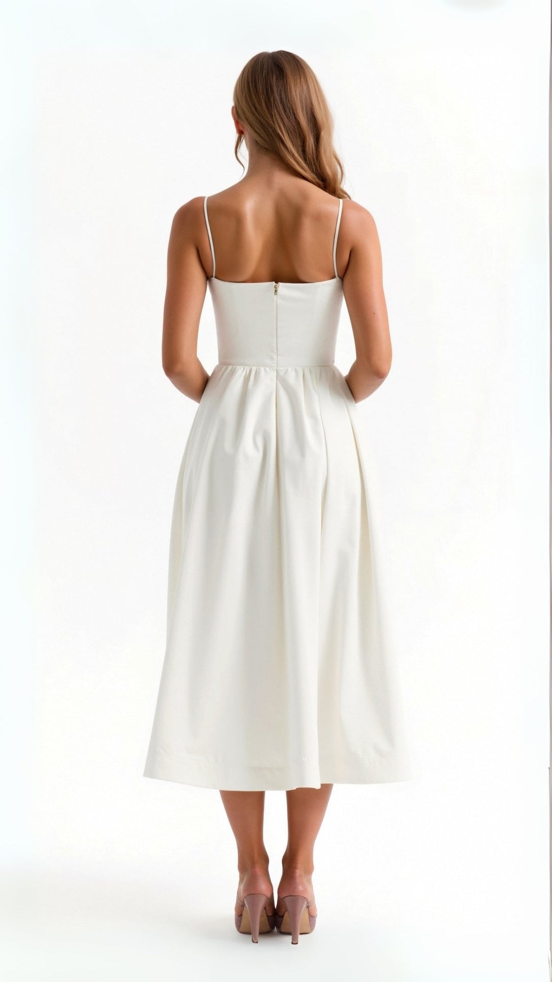 Stylish women's midi dress featuring a sweetheart neckline & spaghetti straps for an elegant occasion.