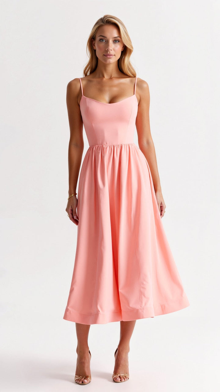 Beautiful women's sleeveless midi dress, sweetheart neckline, thin straps. Ideal for elegant events.
