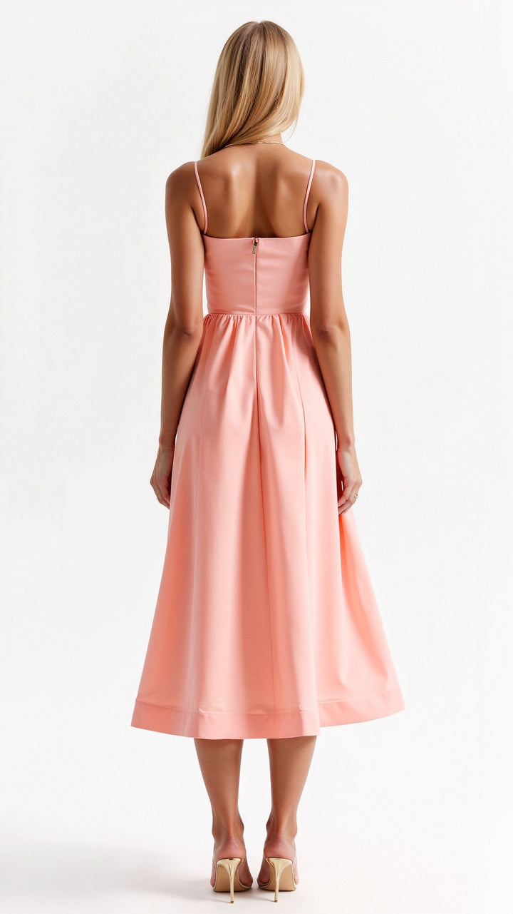Chic women's midi dress for parties; sweetheart neck, thin straps, & a flowy, elegant design.