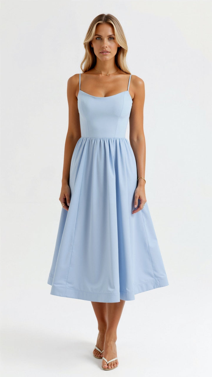 Lovely women's summer midi dress with a sweetheart neck, thin straps, and a comfortable, flowy fit.