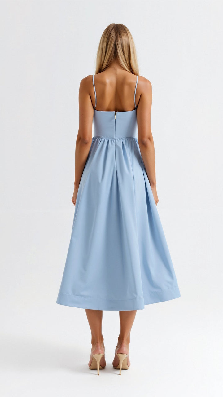 Elegant women's occasion midi dress, sleeveless, featuring a sweetheart neckline & thin straps.