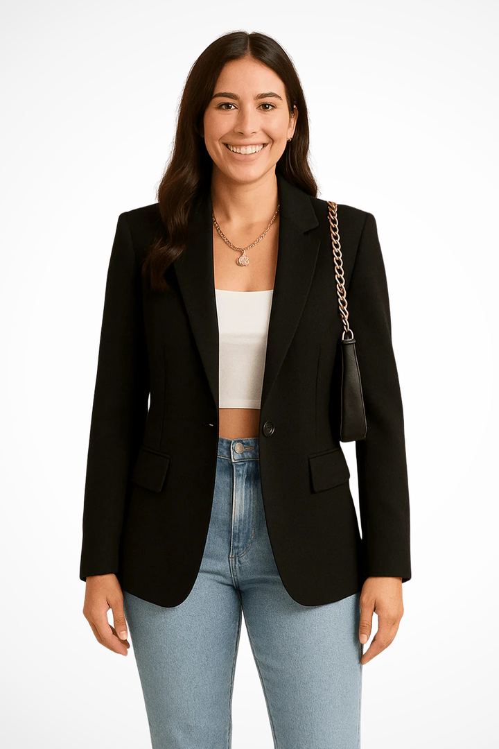 Women's elegant tailored blazer jacket, perfect for chic professional office wear & versatile fashion.