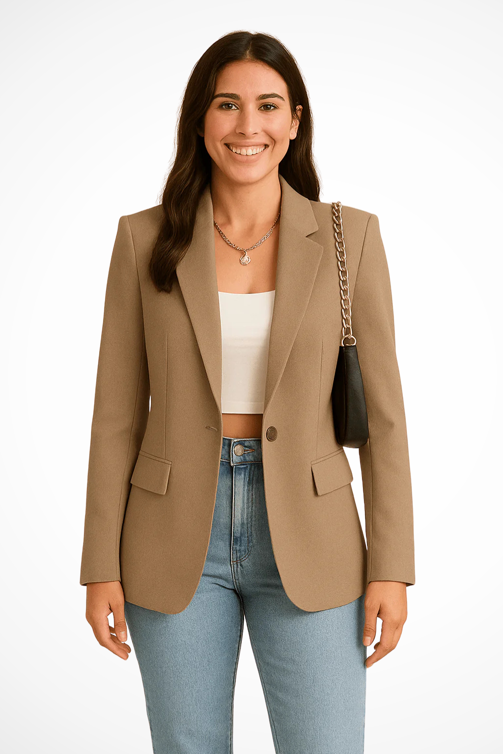 Chic women's tailored blazer. Elegant jacket for formal events, business, or sophisticated casual outfits.