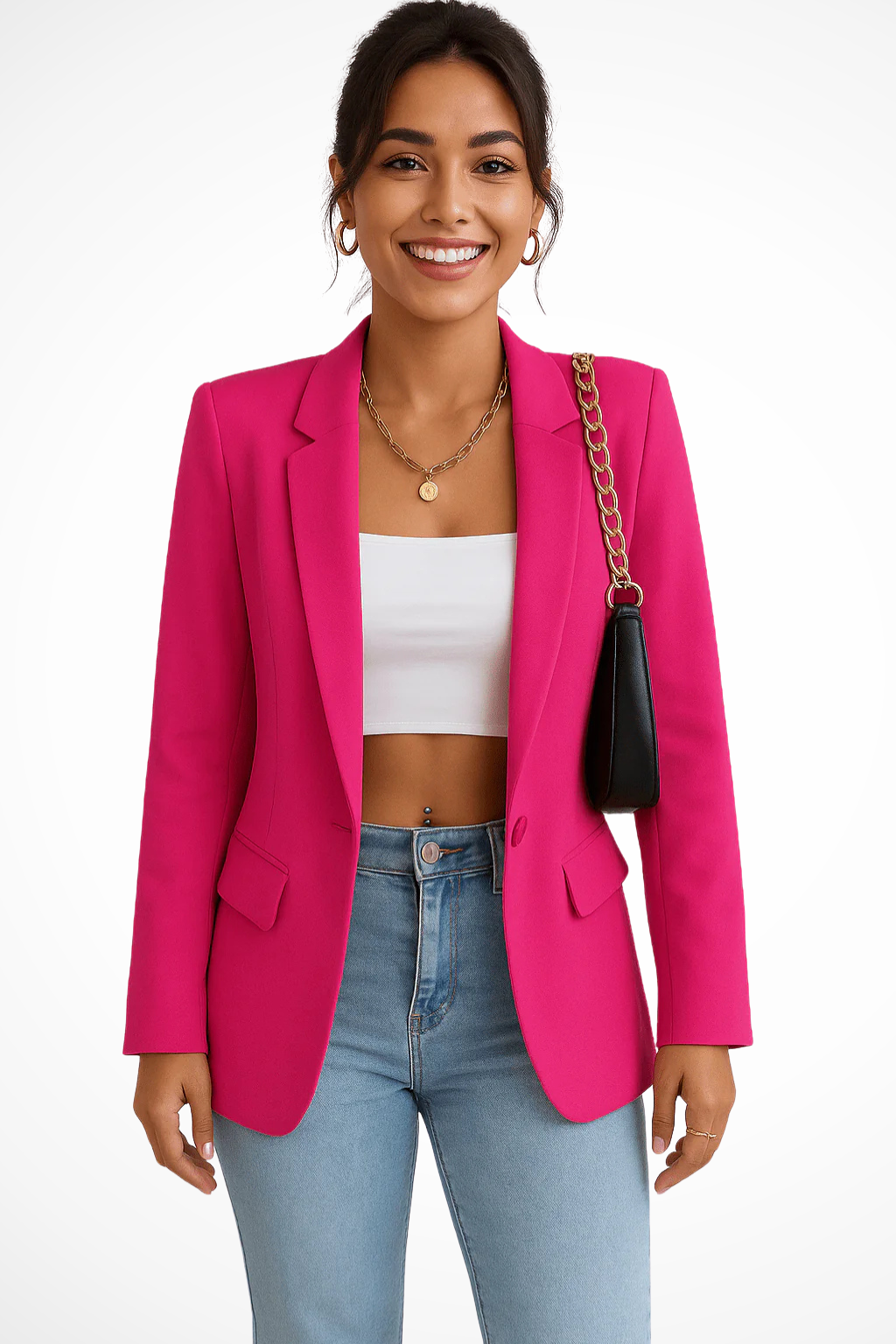 Fashionable women's blazer. Chic tailored jacket for versatile elegant outfits, from formal to smart casual.
