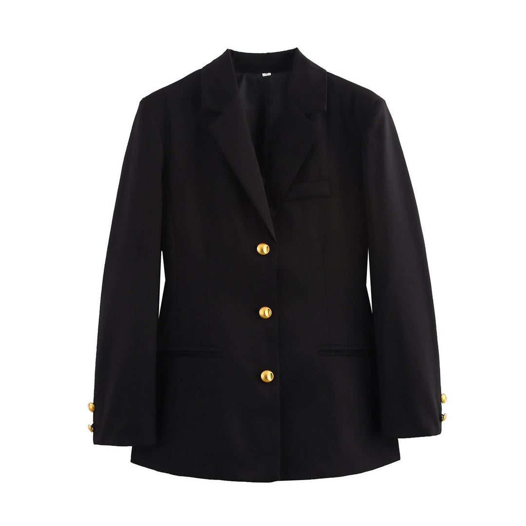 Stylish women's tailored blazer, professional fit with prominent gold buttons, essential for workwear & smart looks.