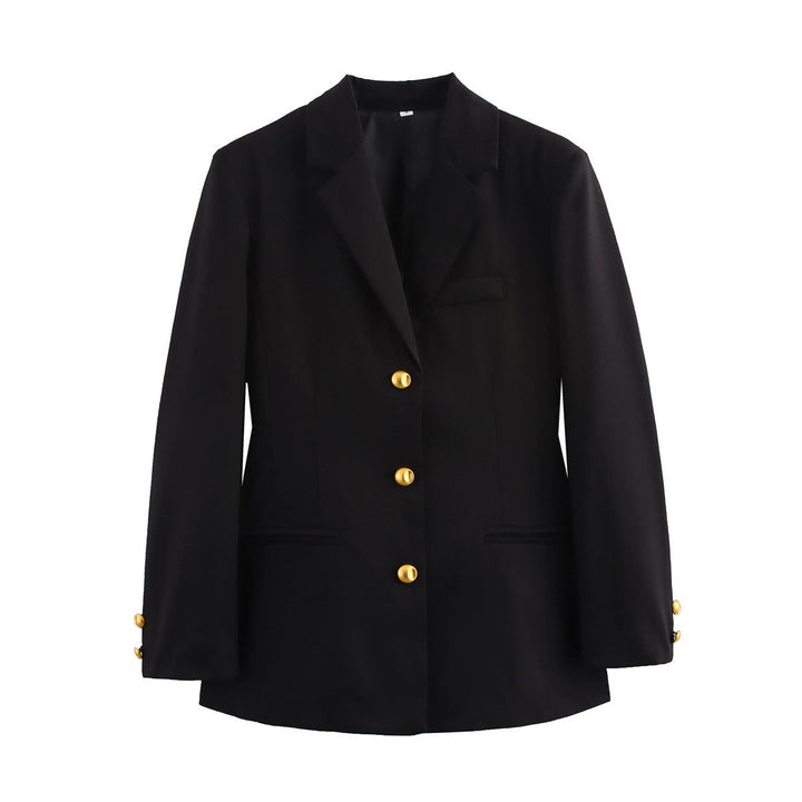 Stylish women's tailored blazer, professional fit with prominent gold buttons, essential for workwear & smart looks.