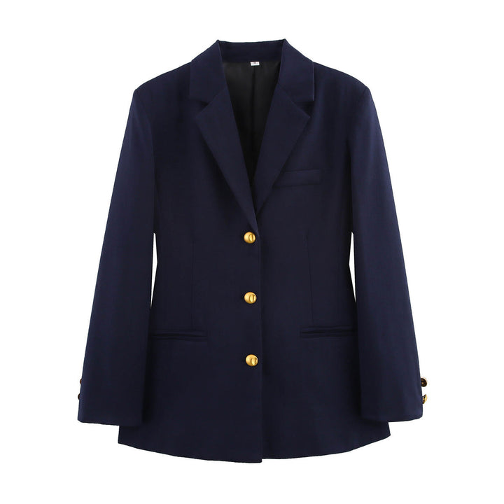 Fashionable women's blazer with elegant gold button details, perfect for a polished office look or chic outerwear.