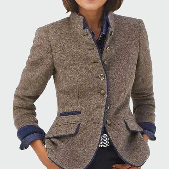 Women's elegant tailored coffee blazer. Modern chic style, perfect for professional office wear & versatile fashion.