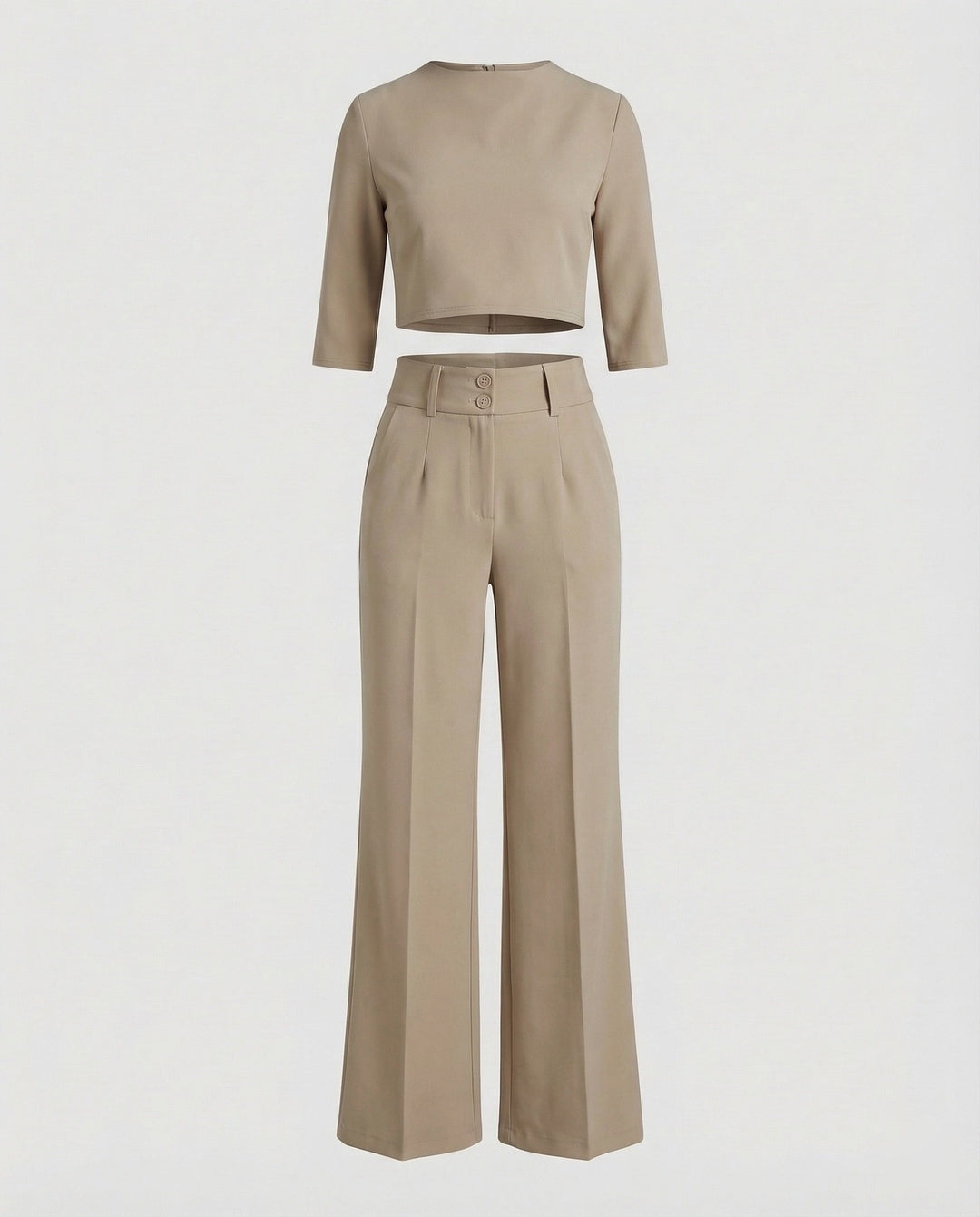 Model wearing the elegant tailored pants set, demonstrating its flattering fit.