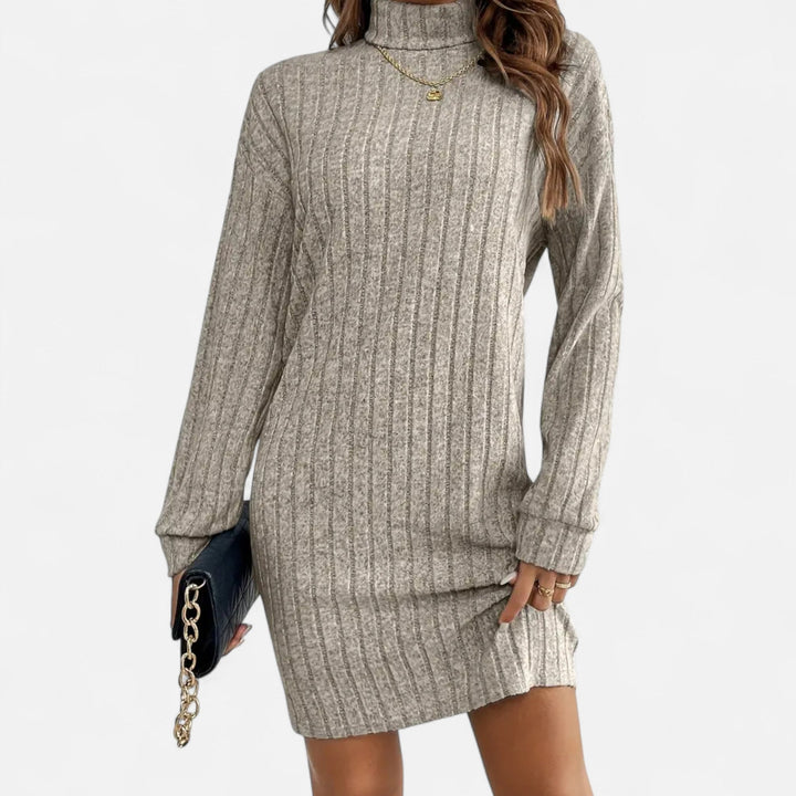 Long sleeve women's knit dress featuring a chic textured turtleneck design