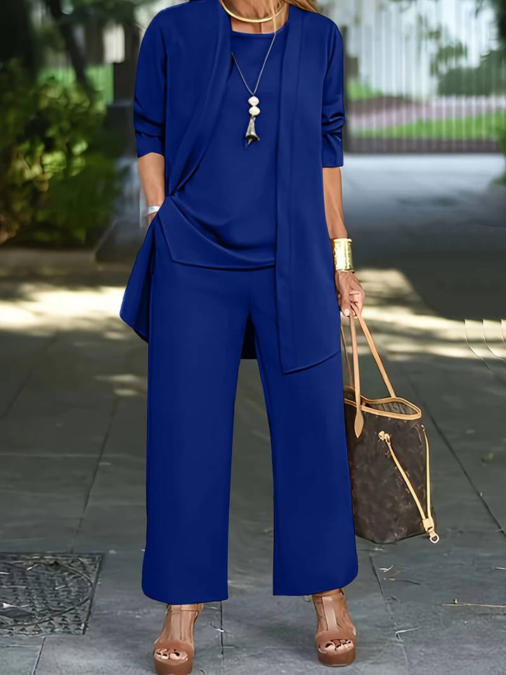 Close-up detail of the fabric and design of the women's elegant pantsuit set