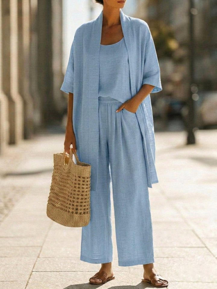 Stylish & versatile women's three-piece set, perfect for spring/summer casual wear, resort trips, or elegant daily outfits.