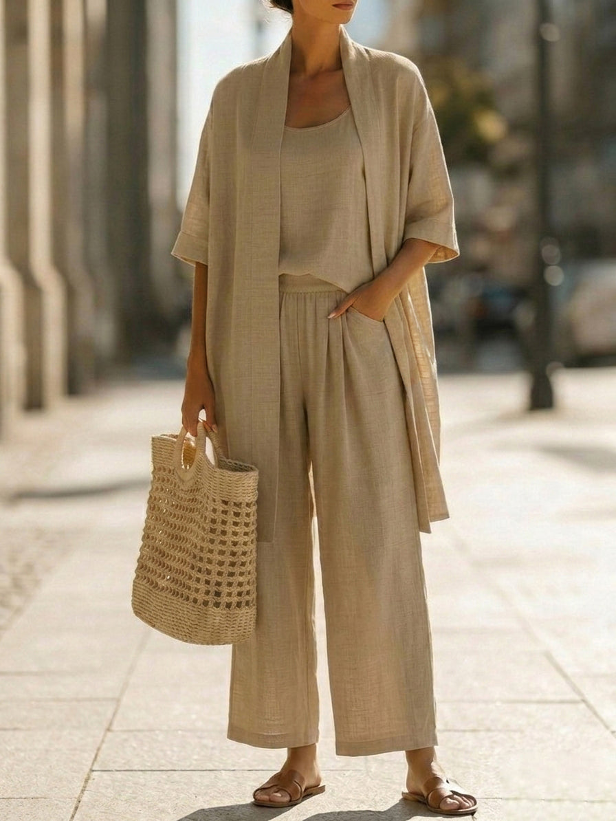 Effortless women's three-piece set with a relaxed tank, comfy wide-leg trousers, and a lightweight open cardigan.