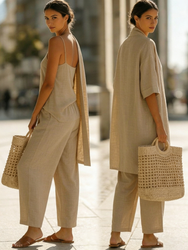 Modern women's three-piece set: tank top, wide-leg pants, and open cardigan. Effortless and stylish for everyday wear.