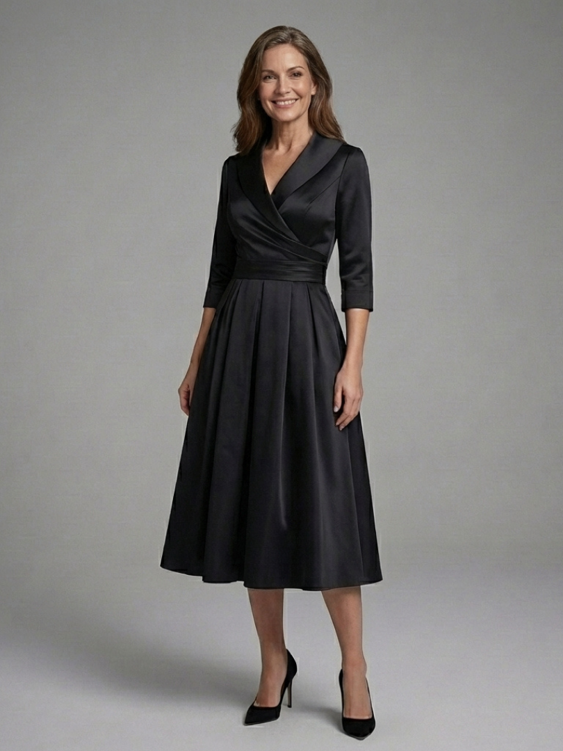 Women's elegant three-quarter sleeve wrap bodice midi dress, versatile for formal or cocktail events.
