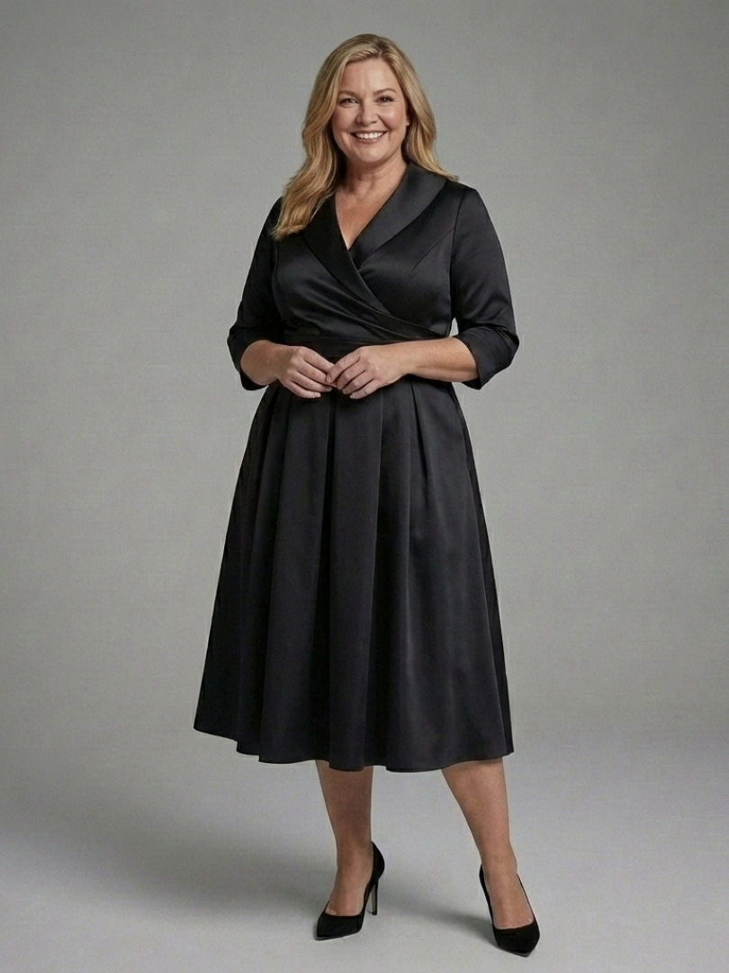 Stylish women's three-quarter sleeve wrap bodice midi dress, a versatile and elegant piece for any occasion.