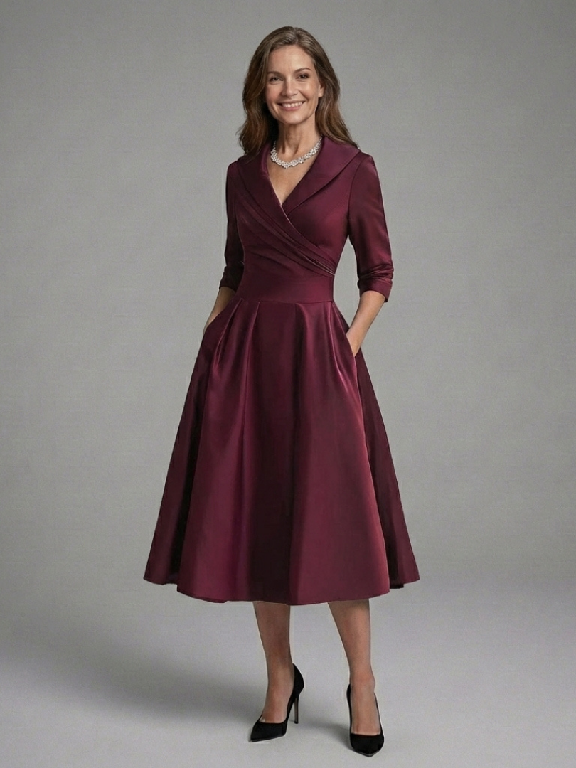 White three-quarter sleeve wrap midi dress, a sophisticated and versatile choice for formal elegance.
