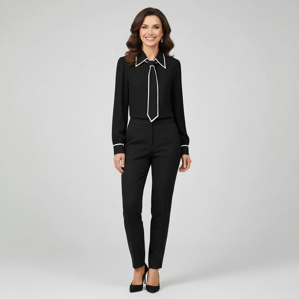 Women's elegant tie-neck blouse in a versatile style, perfect for office or occasion wear.