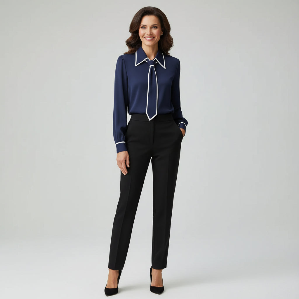 Close-up of a women's elegant tie-neck blouse, showcasing detailed craftsmanship and soft fabric.
