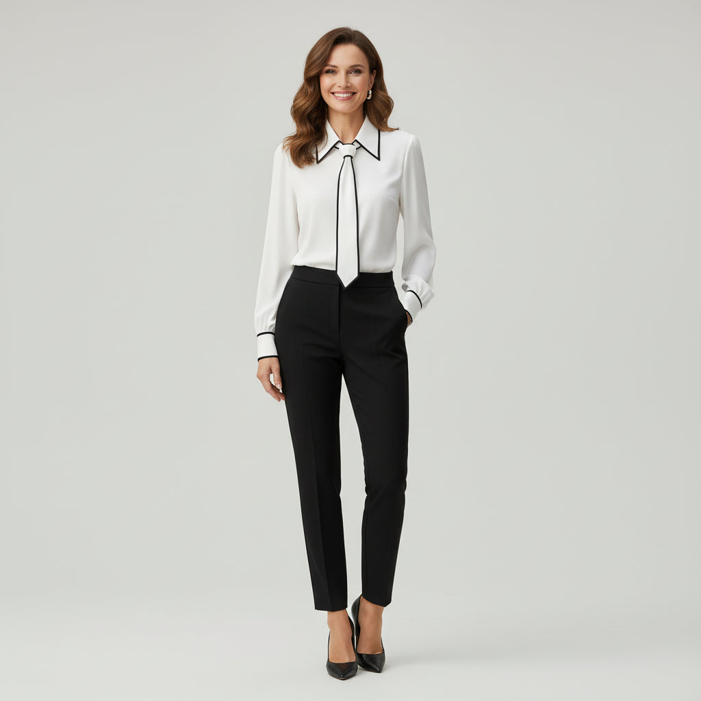 Versatile women's tie-neck blouse, a chic fashion top suitable for both professional and special events.