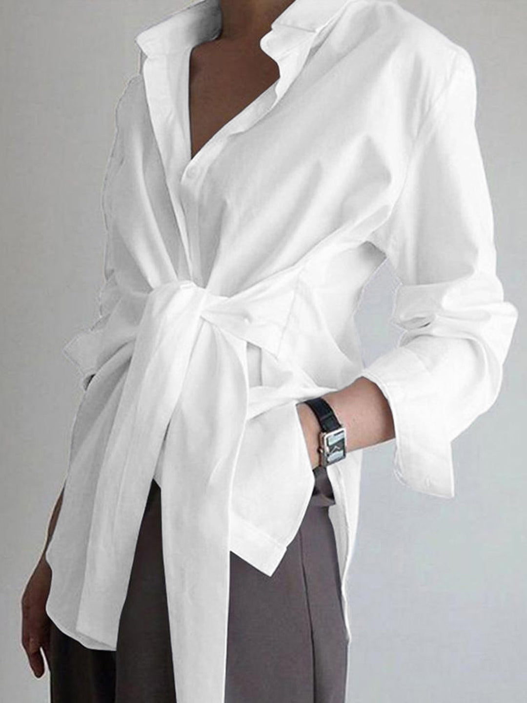 Elegant long sleeve women's tie waist shirt, a versatile top for office, casual, or dressy occasions.