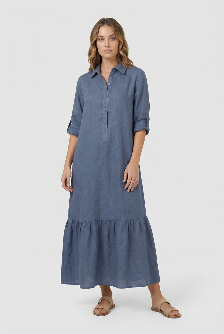 Women's elegant tiered maxi dress, button-front, long sleeve, shirt style. Perfect for versatile, casual chic fashion.