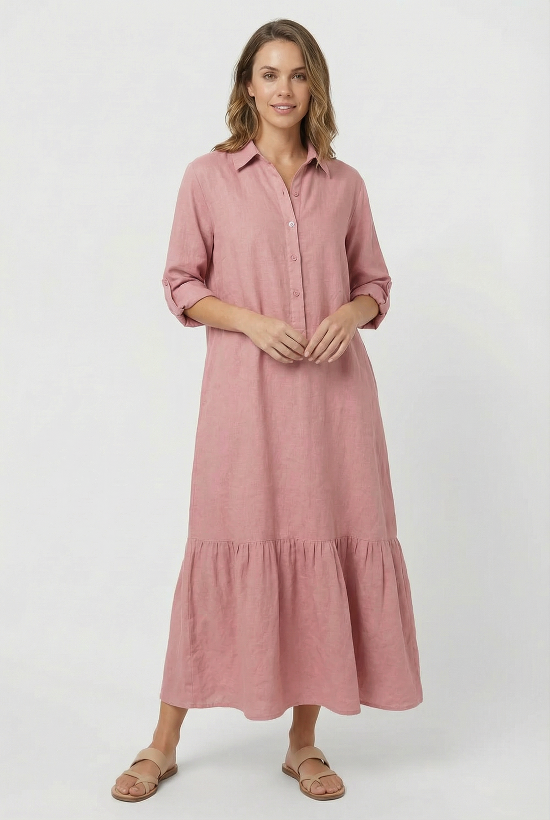 Versatile women's tiered maxi dress. Button-front long sleeve shirt dress for elegant, all-season fashion.