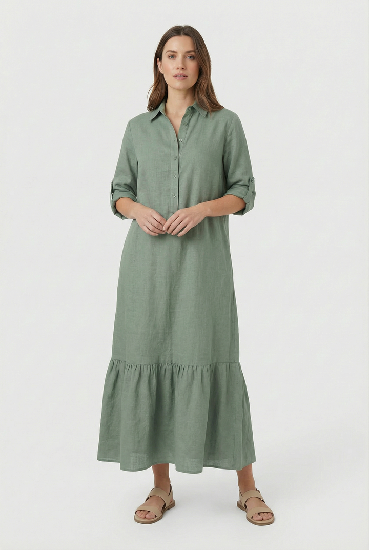 Chic women's long sleeve maxi dress featuring a button-front & elegant tiered hem. Perfect for stylish versatility.