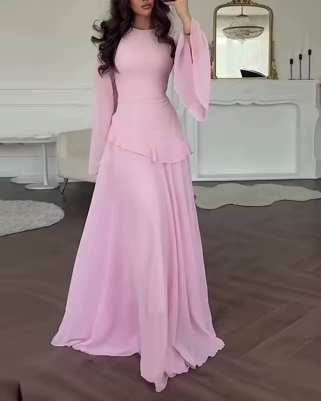 Women's elegant tiered maxi dress with bell sleeves, perfect for wedding guests or formal events.