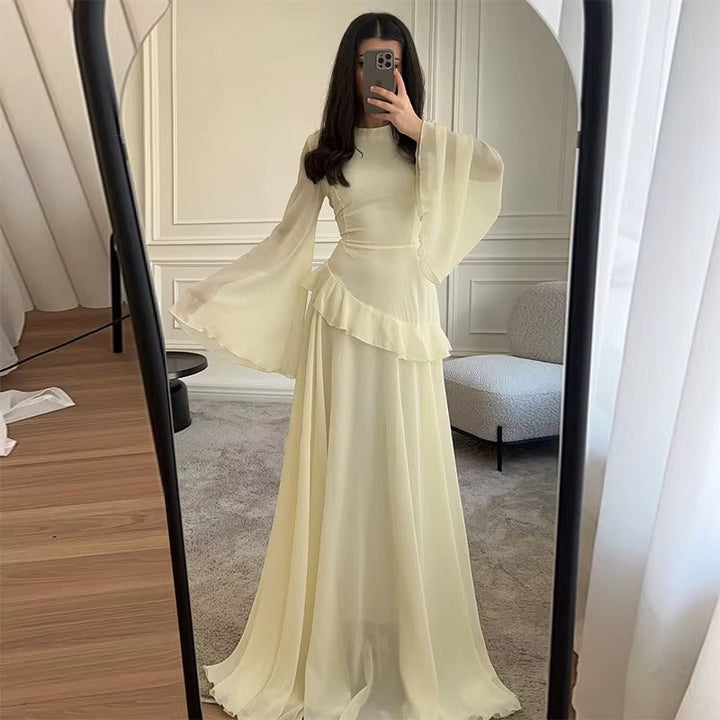 Chic women's tiered maxi dress, bell sleeves, perfect for wedding guests, formal events, and evening wear.