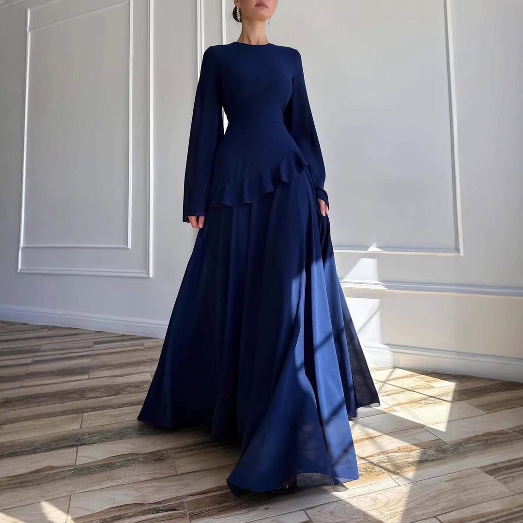 Stylish women's tiered maxi dress with bell sleeves, a sophisticated long formal dress for special occasions.