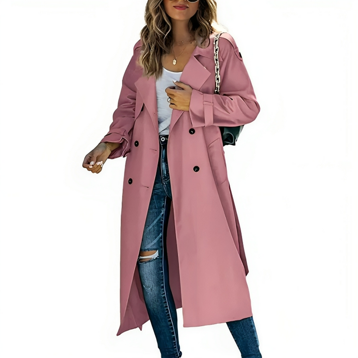 Chic women's long trench coat with lapel, perfect for elegant fall & spring fashion. Versatile outerwear.