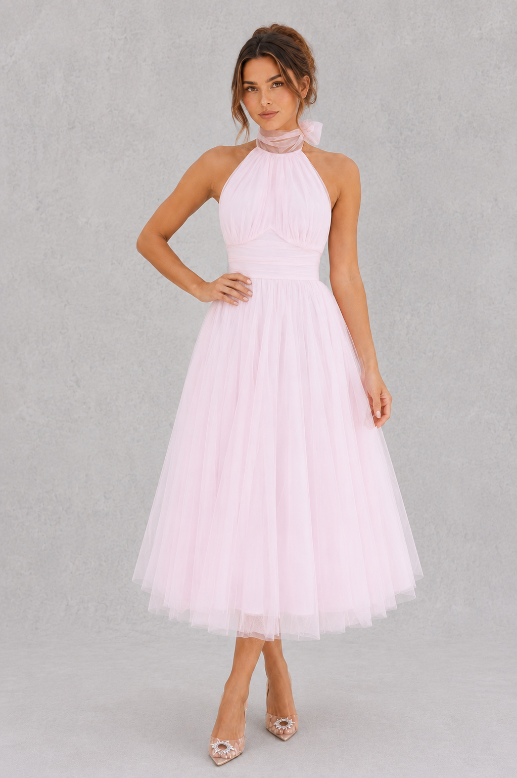 Women's elegant tulle midi evening dress, perfect for special occasions & wedding guests.