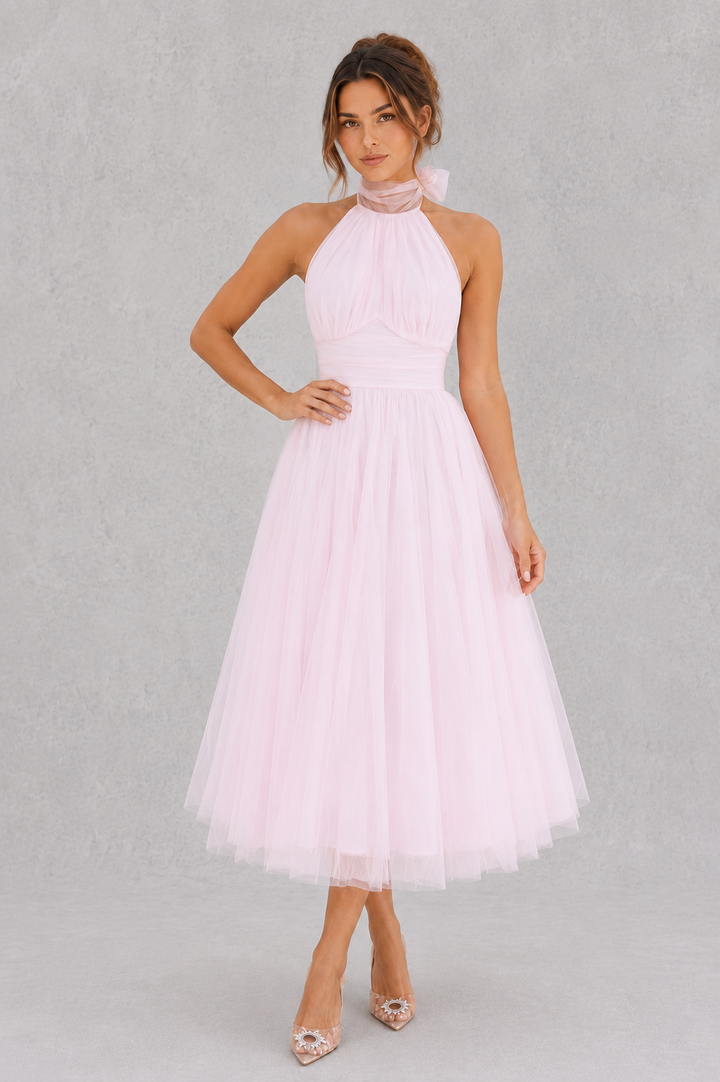 Women's elegant tulle midi evening dress, perfect for special occasions & wedding guests.