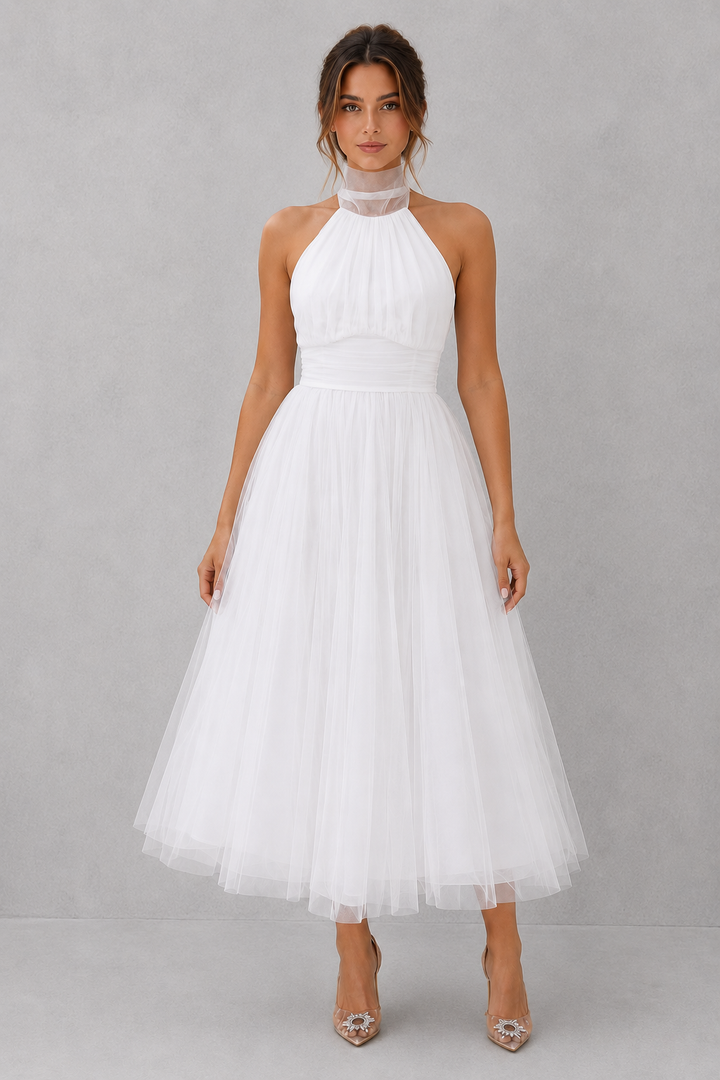 Enchanting women's tulle midi evening dress, a flattering formal party & wedding guest outfit.