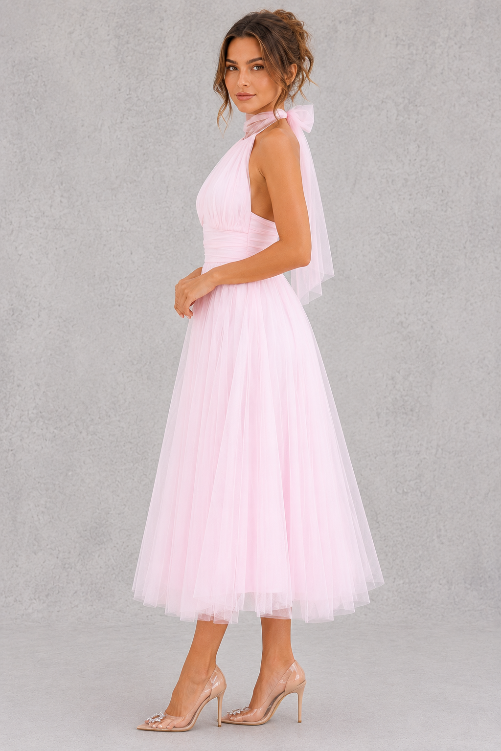 Romantic tulle midi dress for women, flattering fit, ideal for formal parties & events.