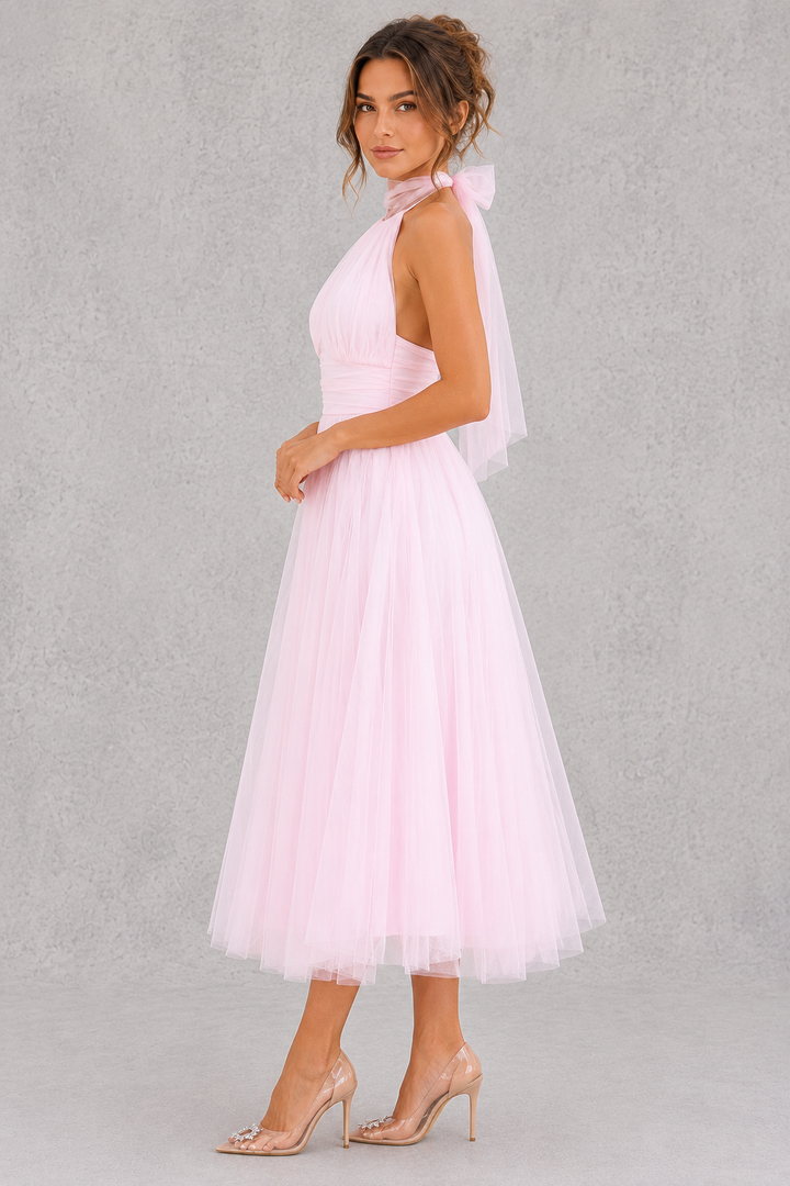 Romantic tulle midi dress for women, flattering fit, ideal for formal parties & events.