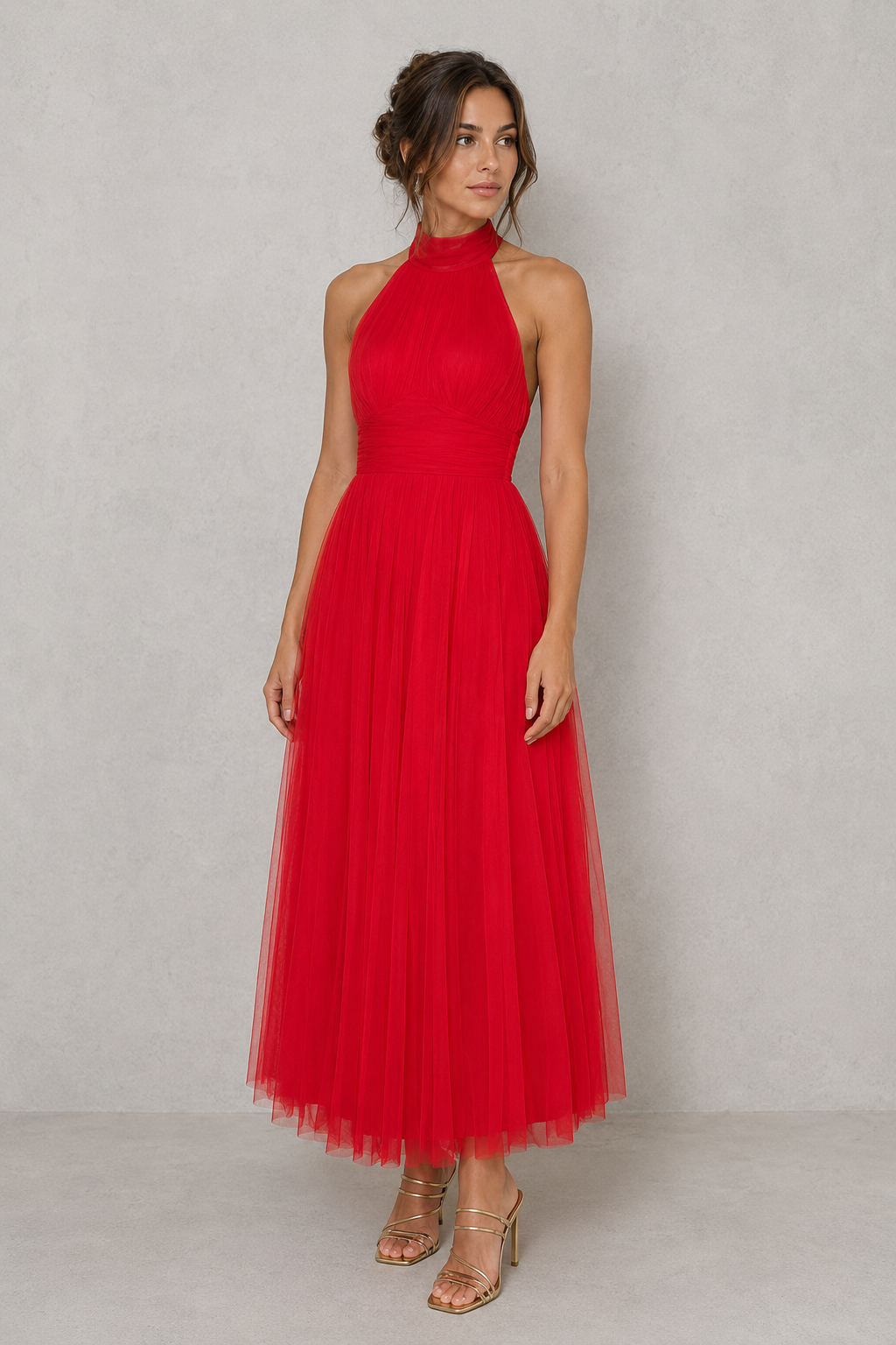 Flattering women's romantic tulle midi dress, perfect for elegant occasion wear & formal parties.