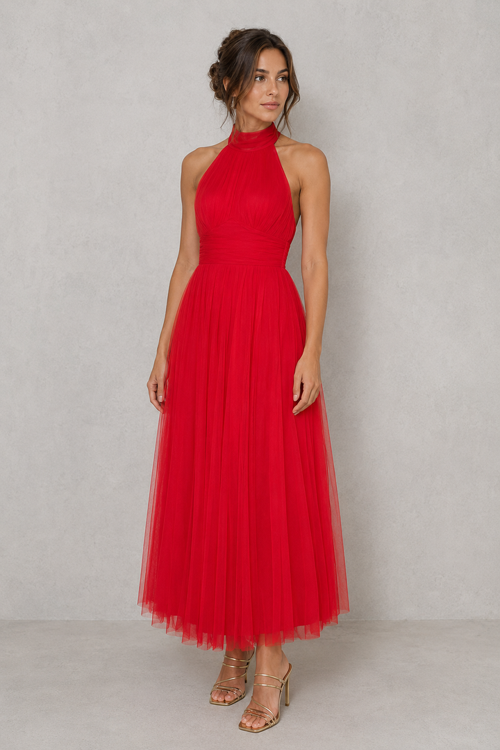 Flattering women's romantic tulle midi dress, perfect for elegant occasion wear & formal parties.