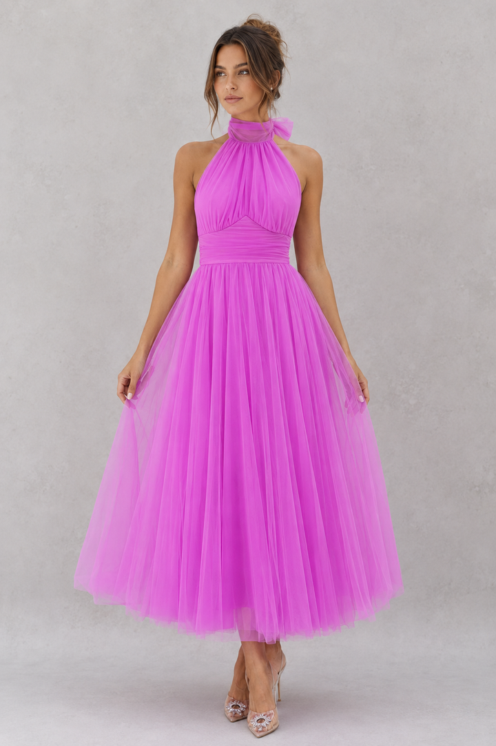 Women's enchanting tulle midi evening dress for formal events & wedding guests.