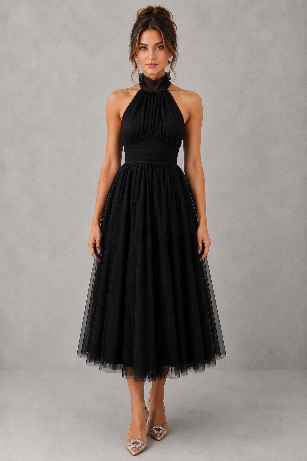 Graceful women's formal midi dress in tulle, designed for evening parties & elegant events.