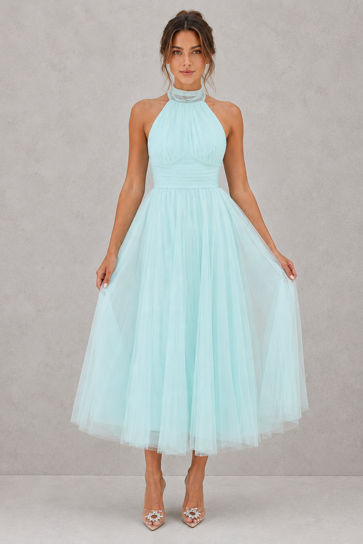 Women's midi occasion dress with romantic tulle, suitable for weddings, parties, & formal events.