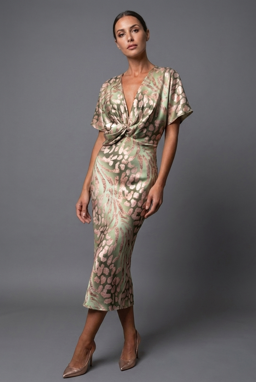 Women's elegant twist front midi dress with flutter sleeves, V-neck, and abstract print, perfect for special occasions.