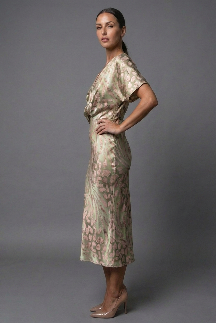 Flattering women's V-neck midi dress with elegant twist front and delicate flutter sleeves, in abstract print.