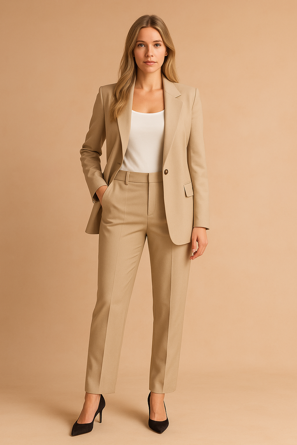 Women's elegant two-piece blazer suit in classic black, perfect for professional wear.