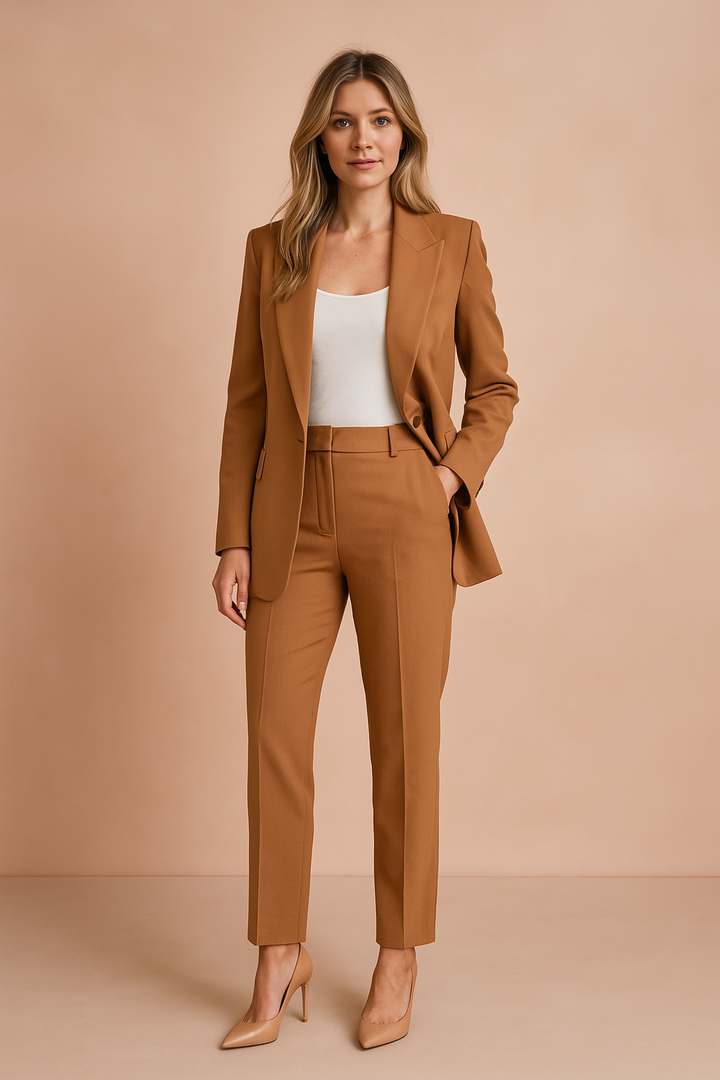 Close-up of the women's two-piece suit's fine fabric and impeccable tailoring.